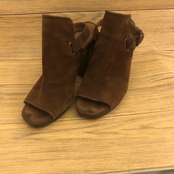 Frye Dani Shield Sling Peep Toe Ankle leather suede cognac tan Booties, 9.5 - Picture 10 of 16